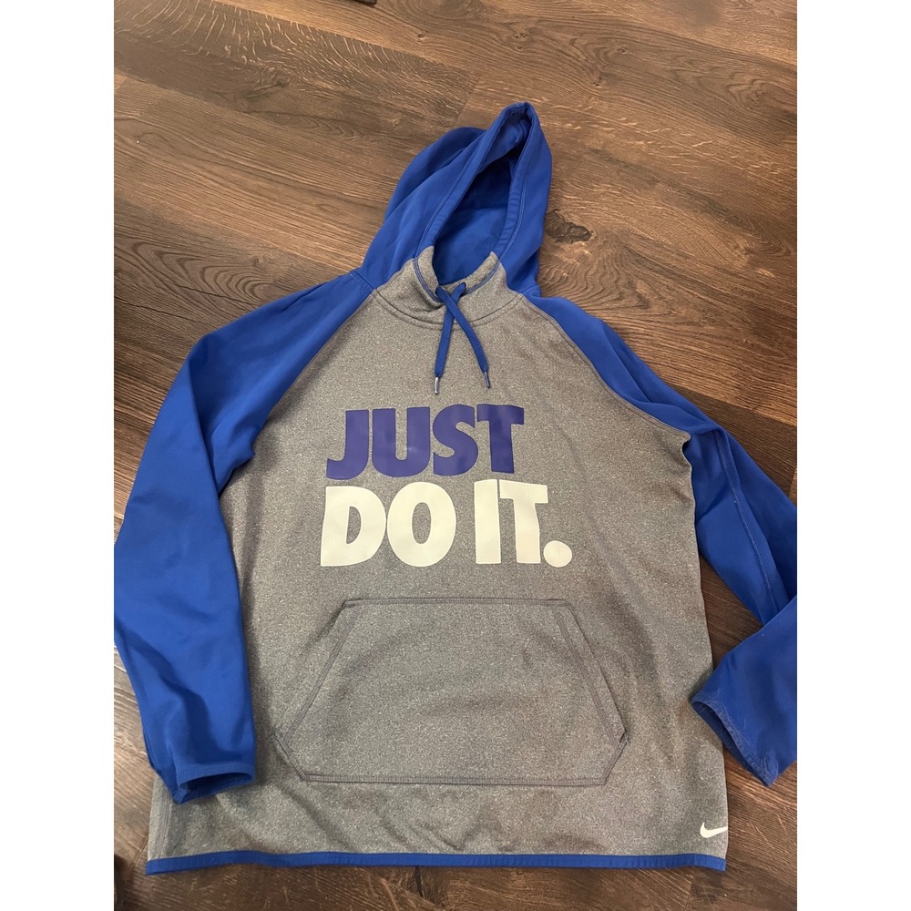 Nike Therma-FIT Boys Hoodie Grey Blue Just Do It Pullover Sweatshirt Size Large